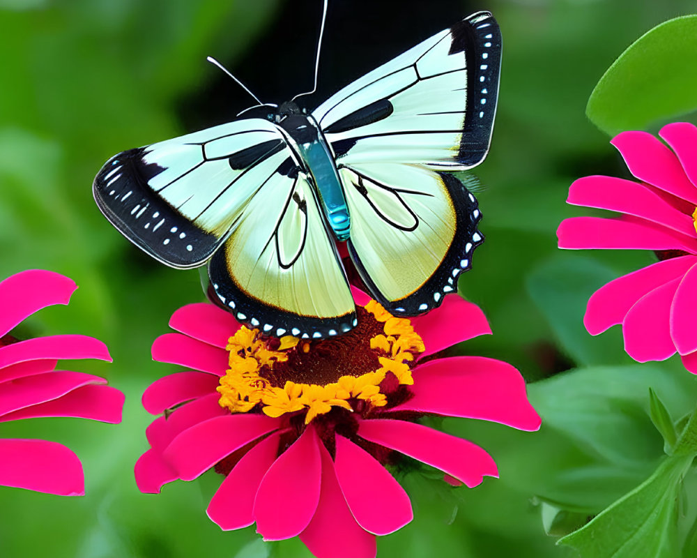 Colorful Butterfly on Pink Flower with Black and White Wings