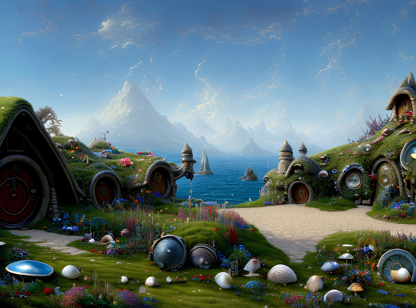 Serene fantasy landscape with hobbit-like houses, gardens, lake, and mountains