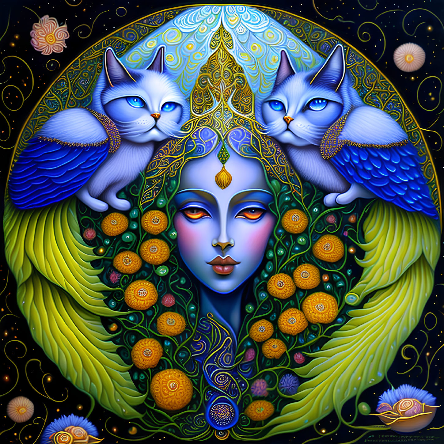 Colorful artwork: Blue-skinned woman, winged cats, intricate patterns, and floral elements on