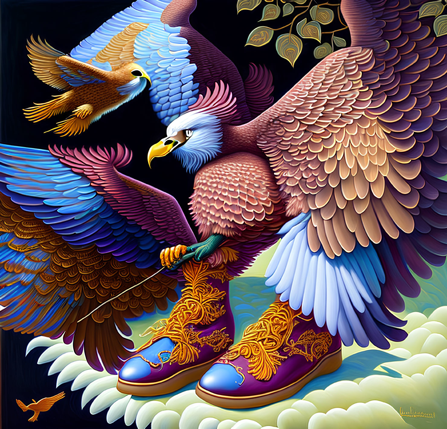 Colorful Eagle Illustration with Ornate Shoes in Flight