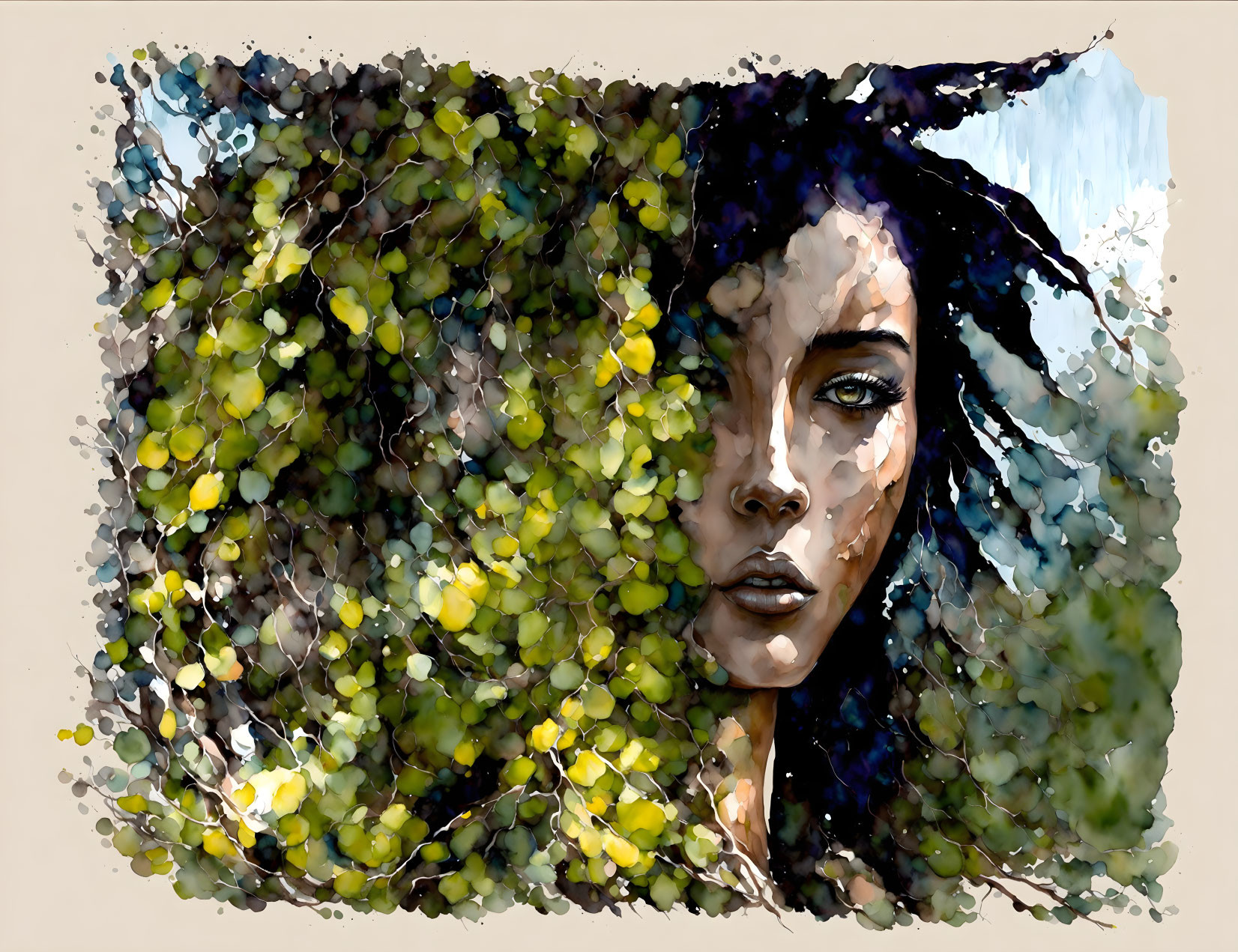 Digital artwork: Woman's face merges with green foliage and yellow flowers in watercolor style