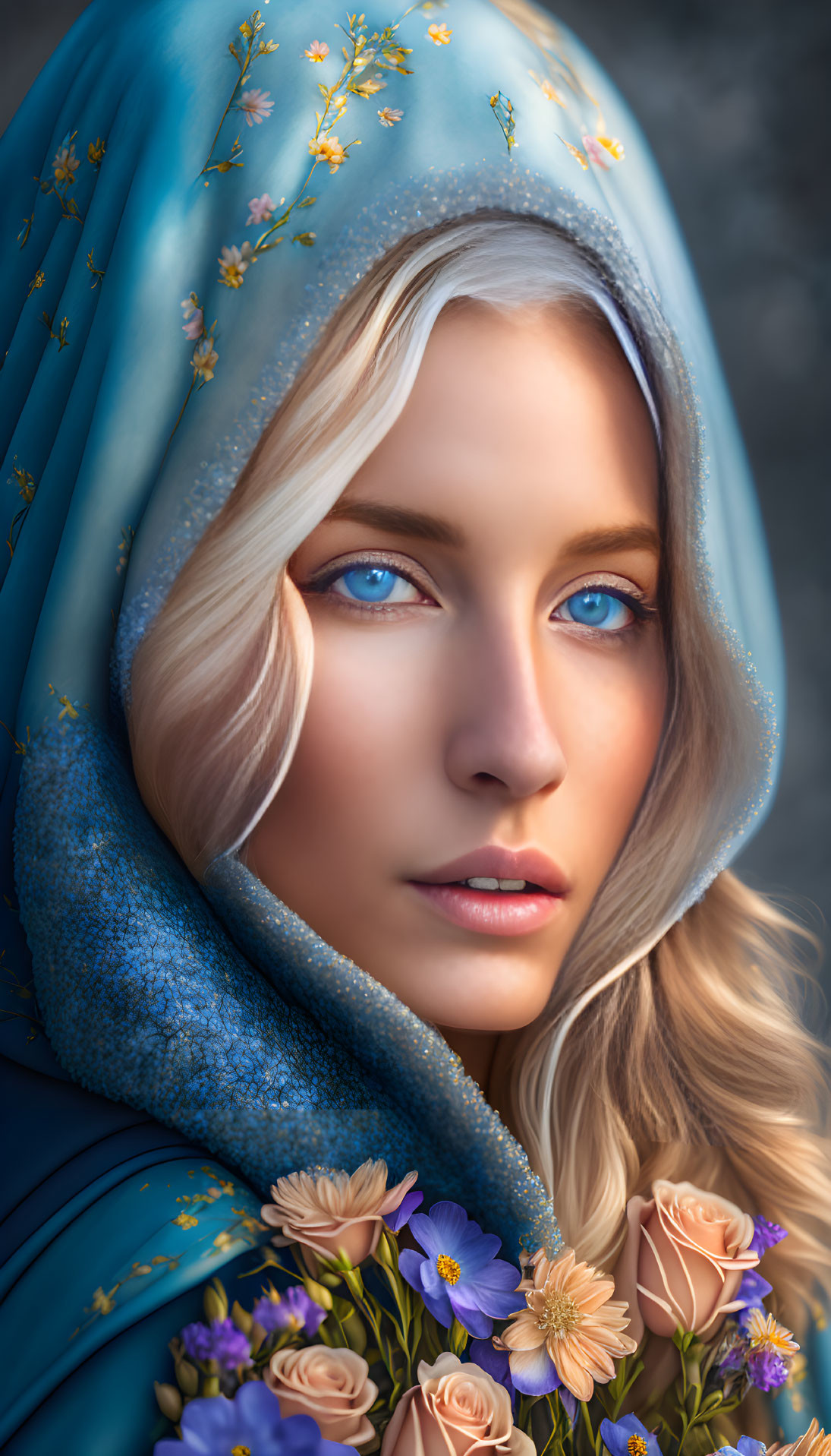 Digital portrait of woman with blue eyes in embroidered blue hood among flowers