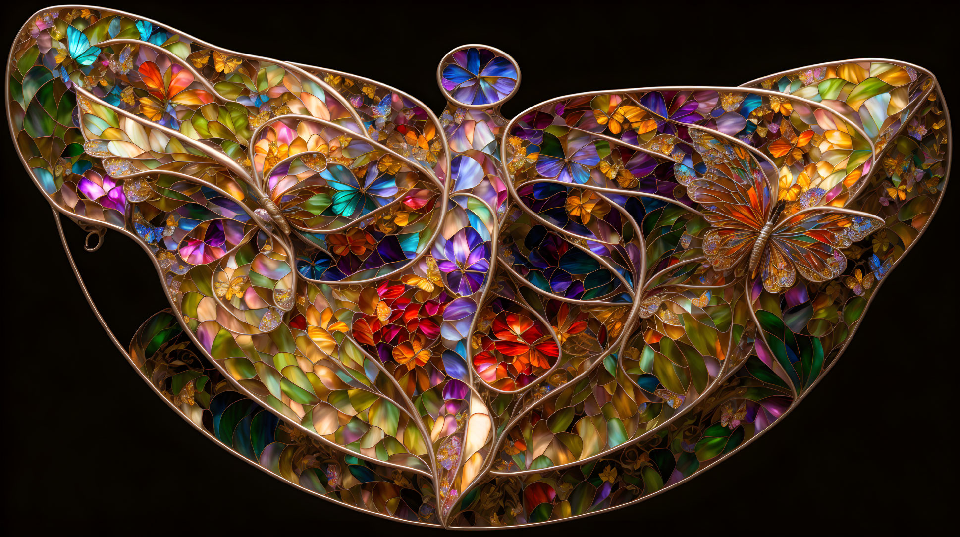 Colorful stained glass artwork with butterfly and floral motifs on dark background