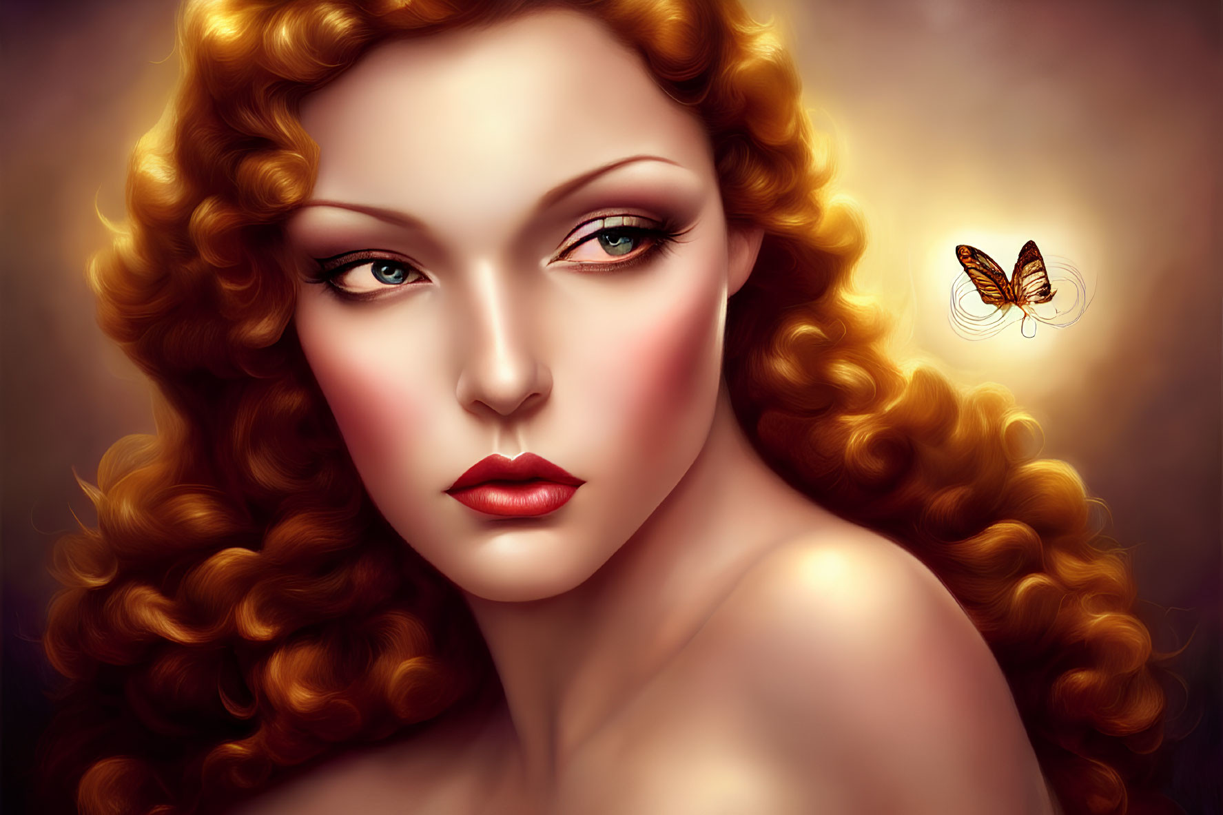 Digital portrait of woman with curly red hair, fair skin, green eyes, red lipstick, and butterfly