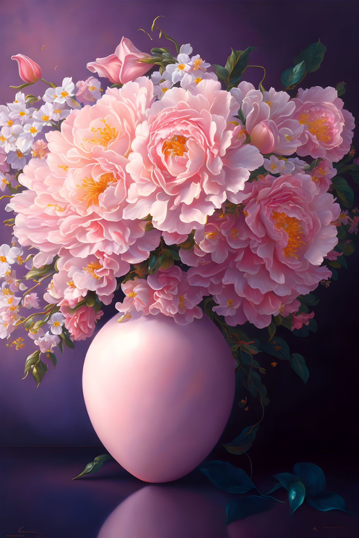 Colorful painting of pink peonies and white flowers in pink vase on purple background