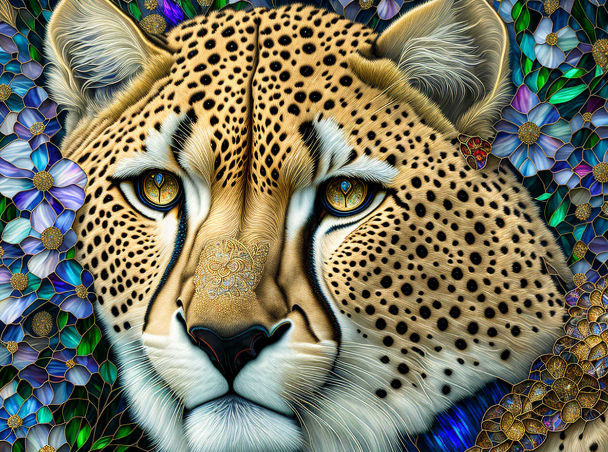 Detailed cheetah face illustration with colorful floral mosaic.