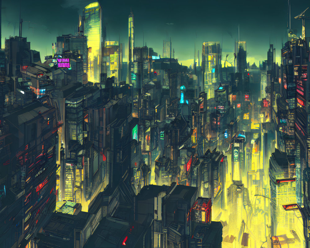 Futuristic neon-lit cityscape with skyscrapers and billboards