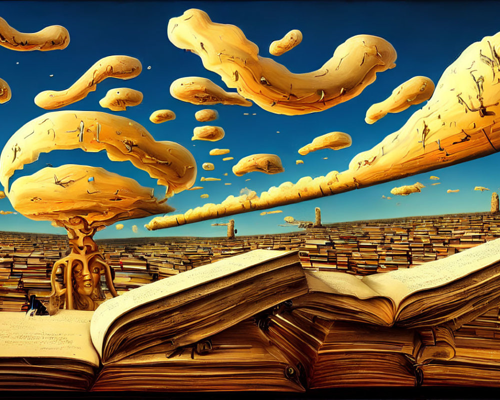 Surreal artwork: Open books reveal landscapes under a blue sky with baguette-shaped clouds