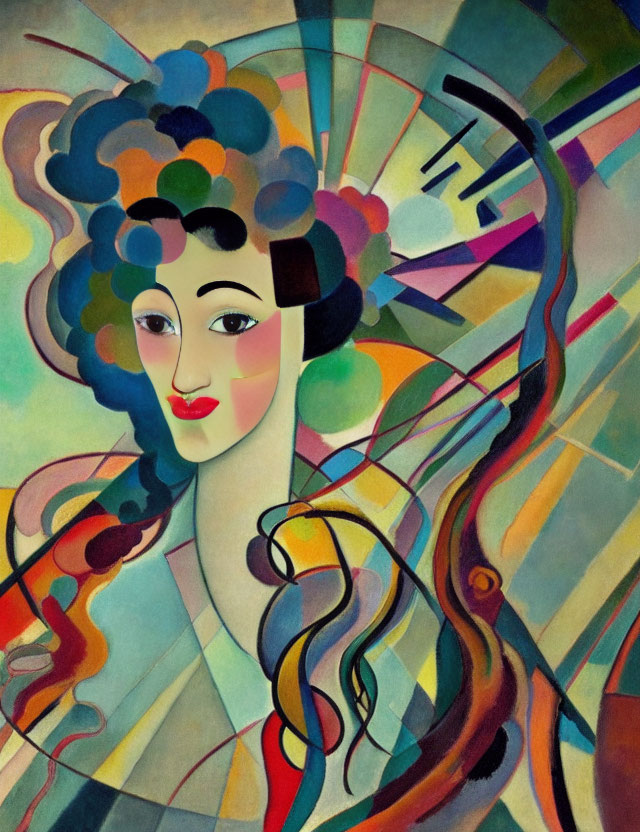 Colorful Cubist-Style Portrait of Woman with Elaborate Hairdo & Abstract Background