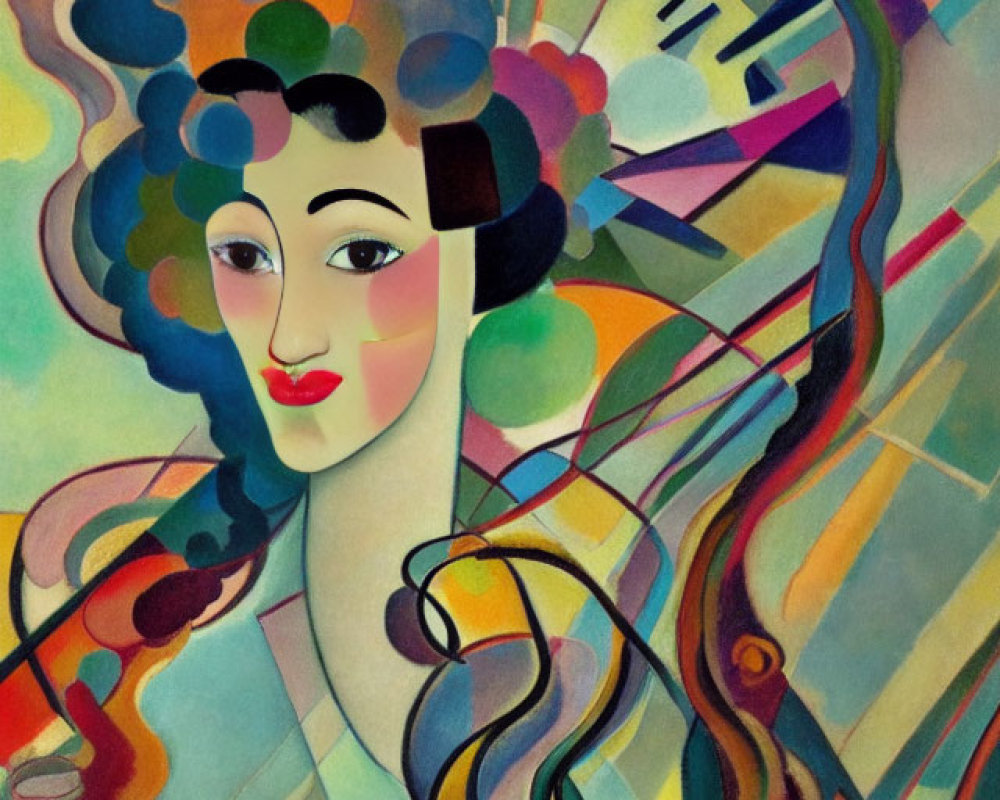 Colorful Cubist-Style Portrait of Woman with Elaborate Hairdo & Abstract Background