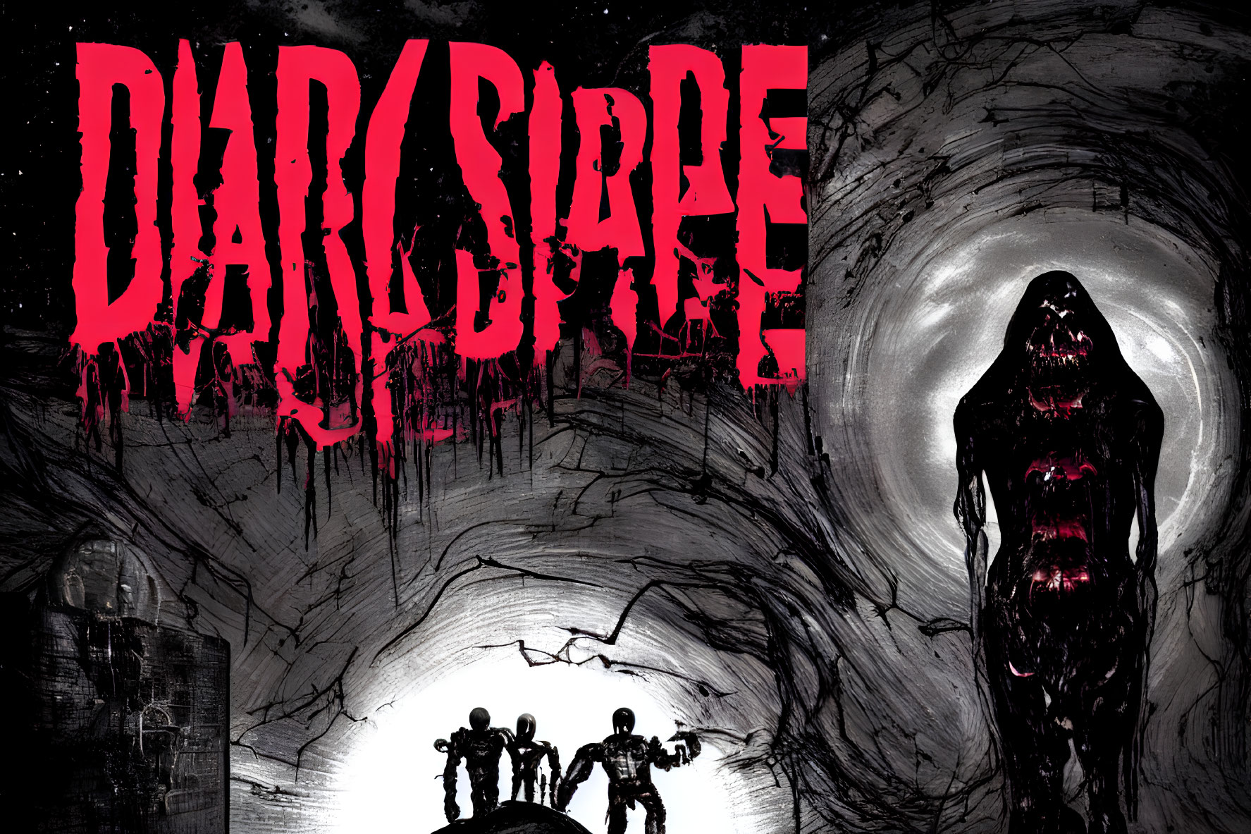 Sinister graphic: "DARKSIDE" in blood-red letters, shadowy figure over smaller sil