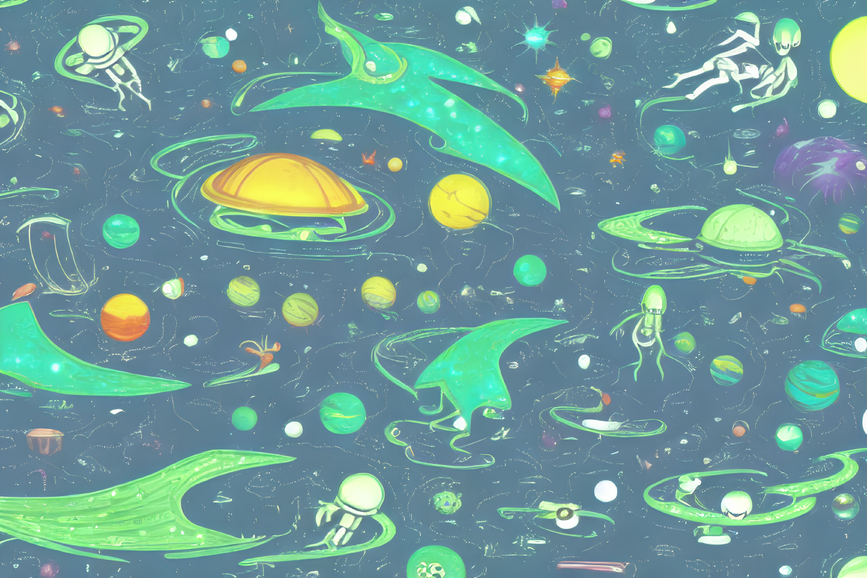 Colorful Space-themed Illustration with Planets, Stars, Astronauts, and Spaceships