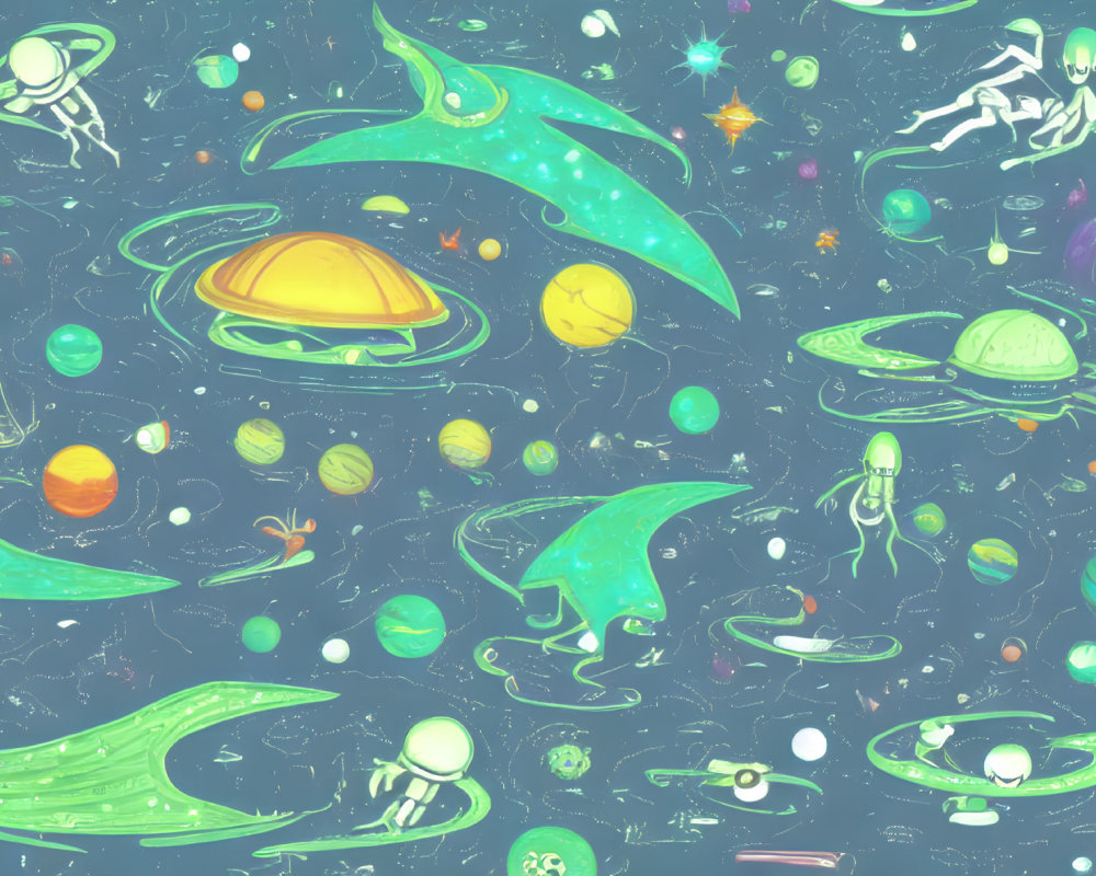 Colorful Space-themed Illustration with Planets, Stars, Astronauts, and Spaceships