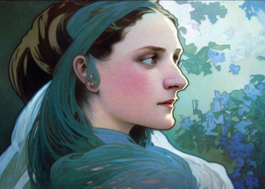 Woman with teal headband in side profile surrounded by stylized flowers and leaves.