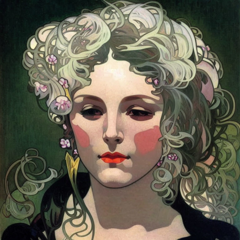 Portrait of a woman with flowing hair and floral motifs in Art Nouveau style