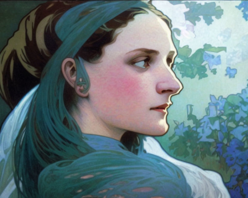 Woman with teal headband in side profile surrounded by stylized flowers and leaves.