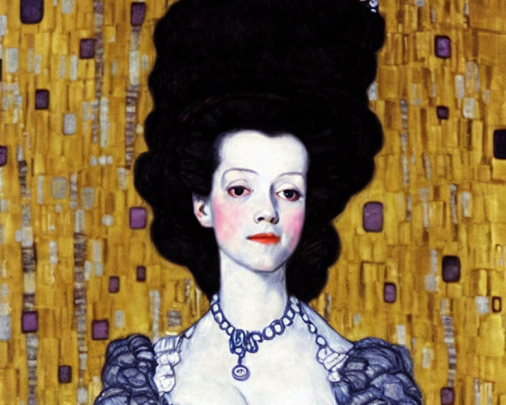 Portrait of woman with tall black hairdo and pink flowers, white blouse with golden details, on yellow