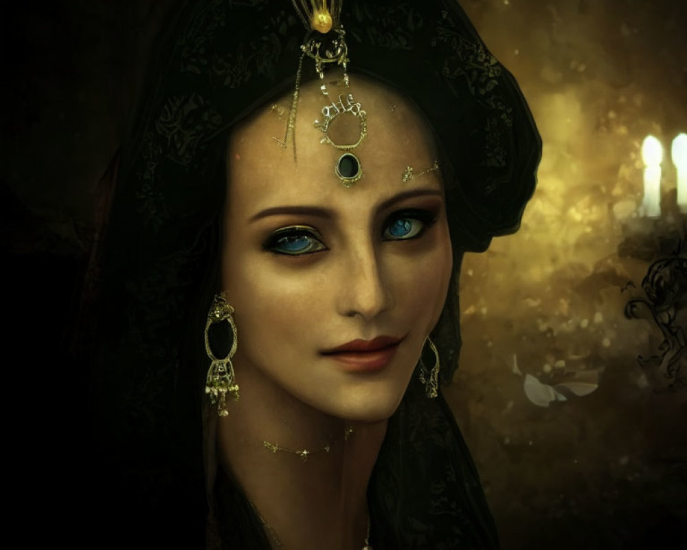 Portrait of Woman with Striking Blue Eyes and Golden Jewelry in Black Hooded Garment against Dark Background