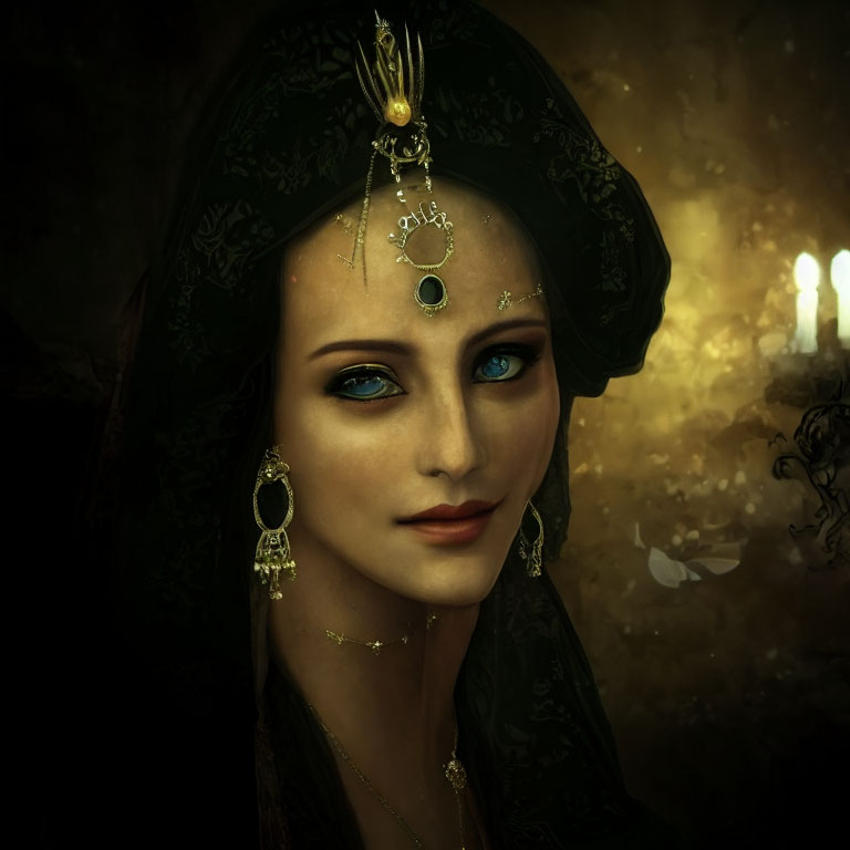 Portrait of Woman with Striking Blue Eyes and Golden Jewelry in Black Hooded Garment against Dark Background