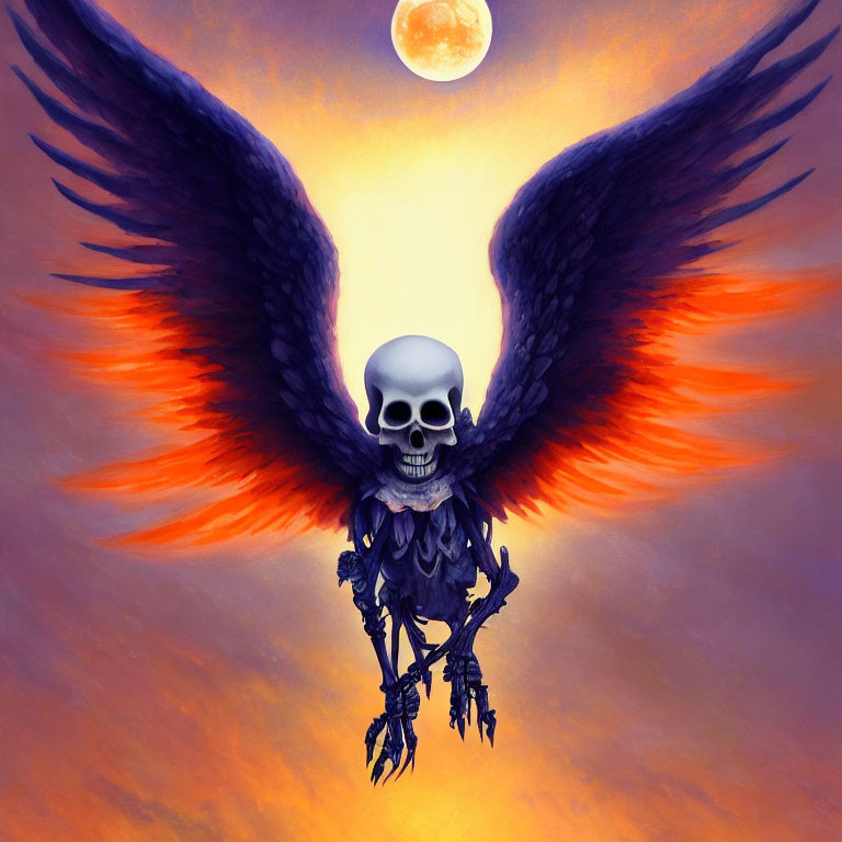 Skeletal figure with black wings under yellow moon in sunset sky