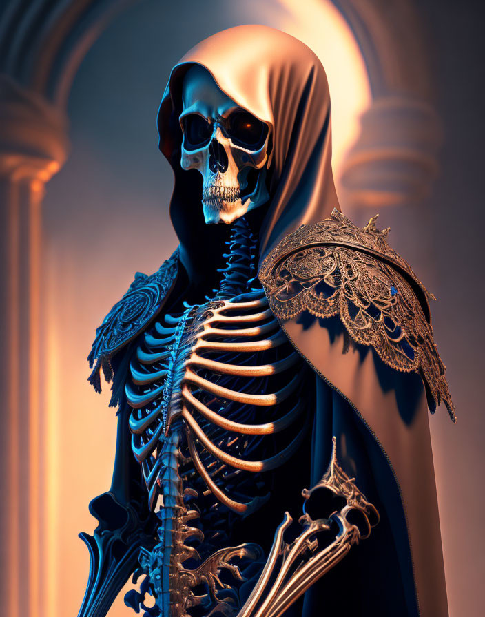 Detailed 3D skeletal figure in dark lace shroud on warm background