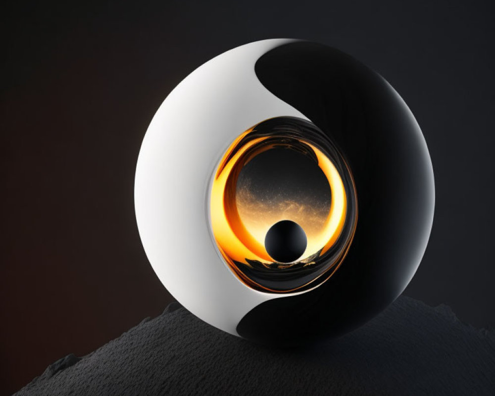 Spherical object with black and white halves and glowing orange center on textured surface against gradient background
