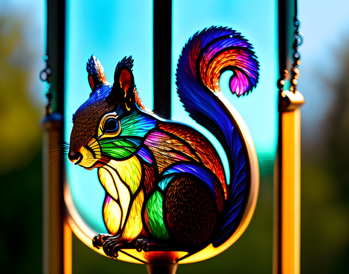 Colorful Stained Glass Art: Squirrel Design Against Blurred Natural Backdrop