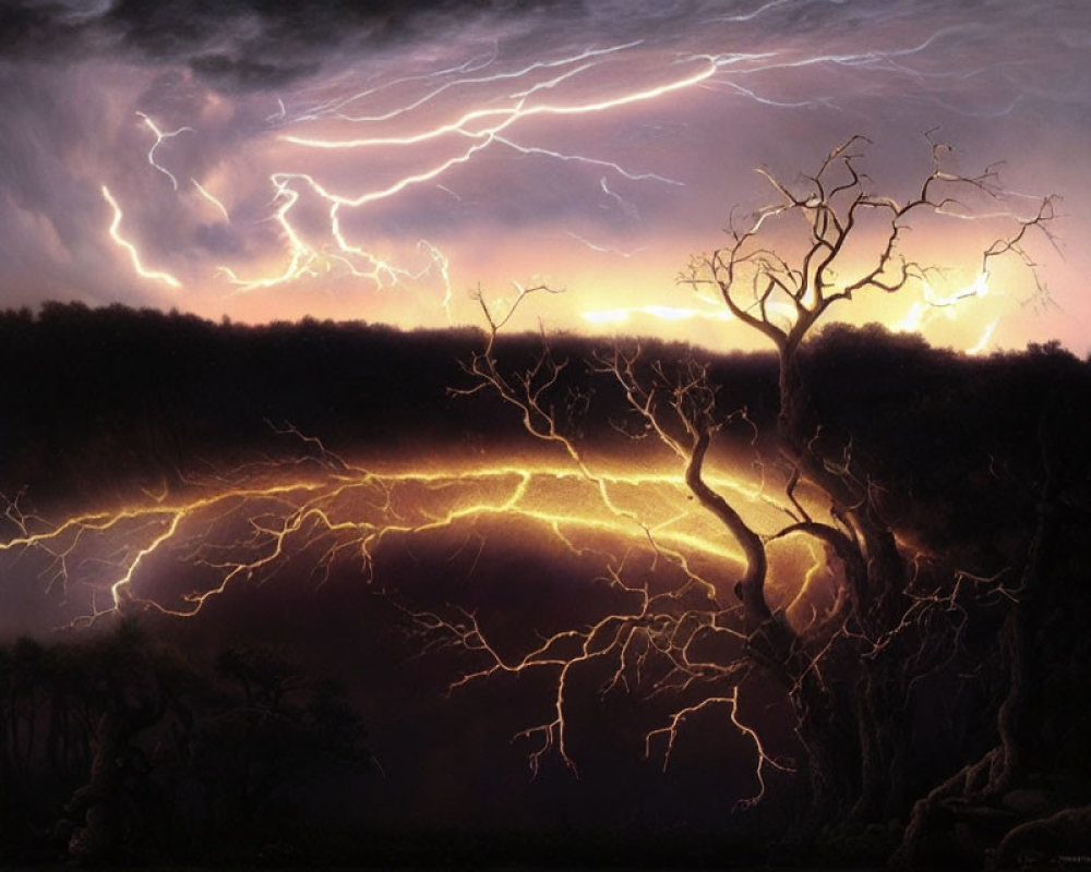 Stormy Sky Painting with Lightning Bolts and Silhouetted Tree