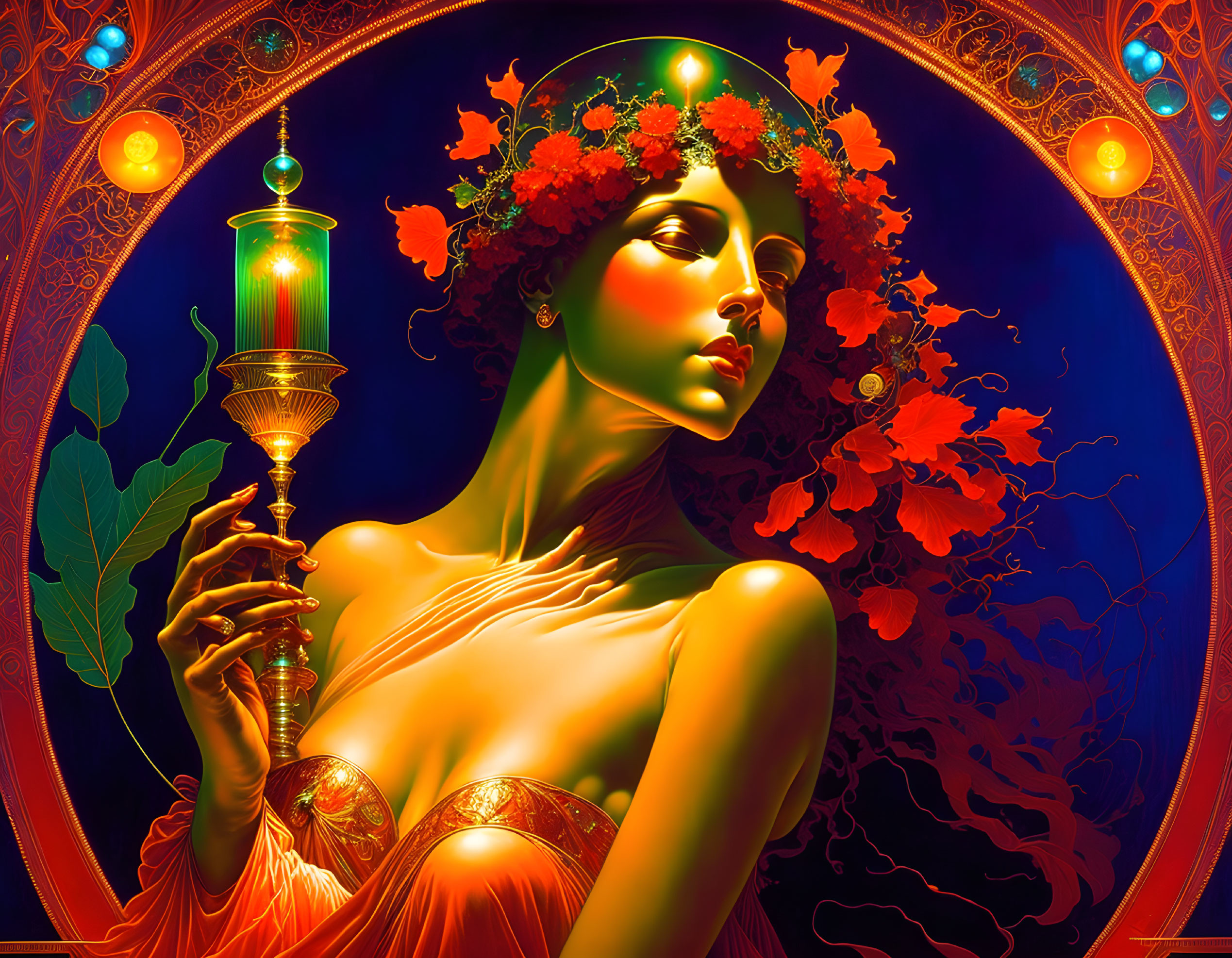 Colorful artwork of woman with red flowers and lantern in circular border on blue background