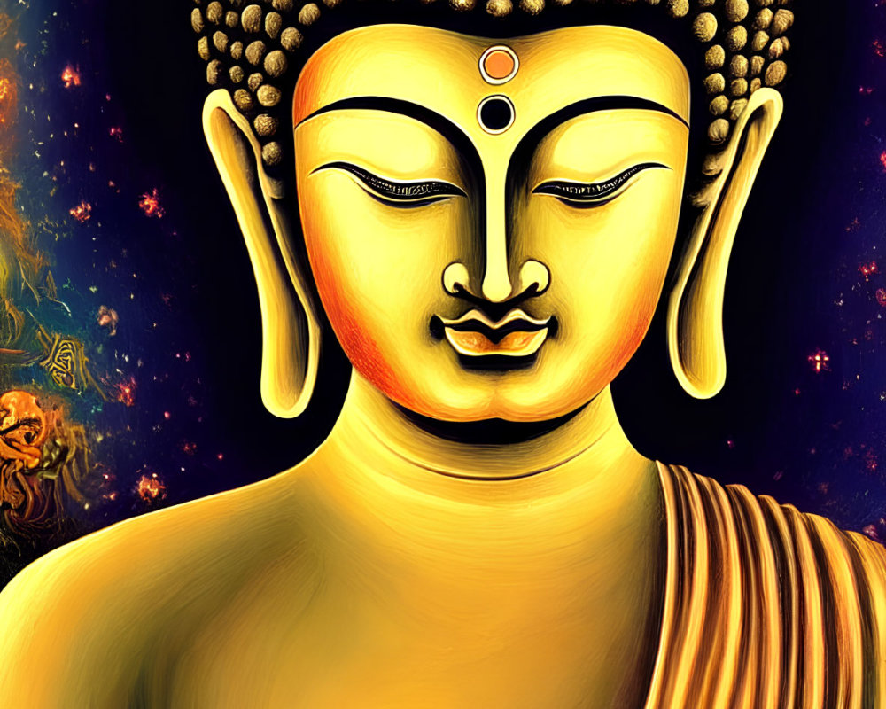 Serene Buddha portrait with golden skin on blue and orange background