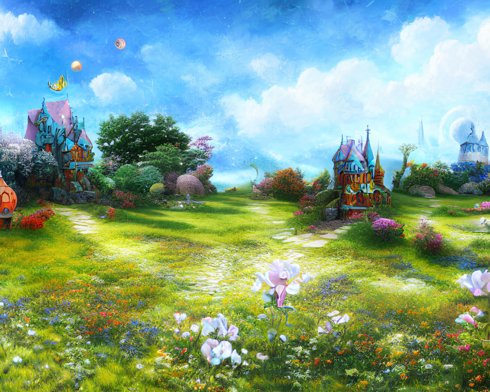 Colorful Fantasy Landscape with Whimsical Houses and Celestial Bodies