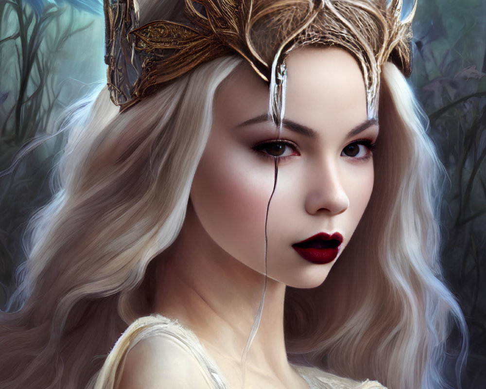 Silver-haired woman with golden crown and tear in mystical forest.