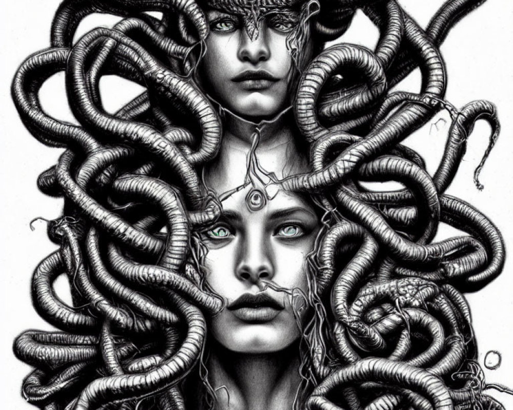 Detailed black and white illustration: Two serene faces surrounded by intricate serpentine coils
