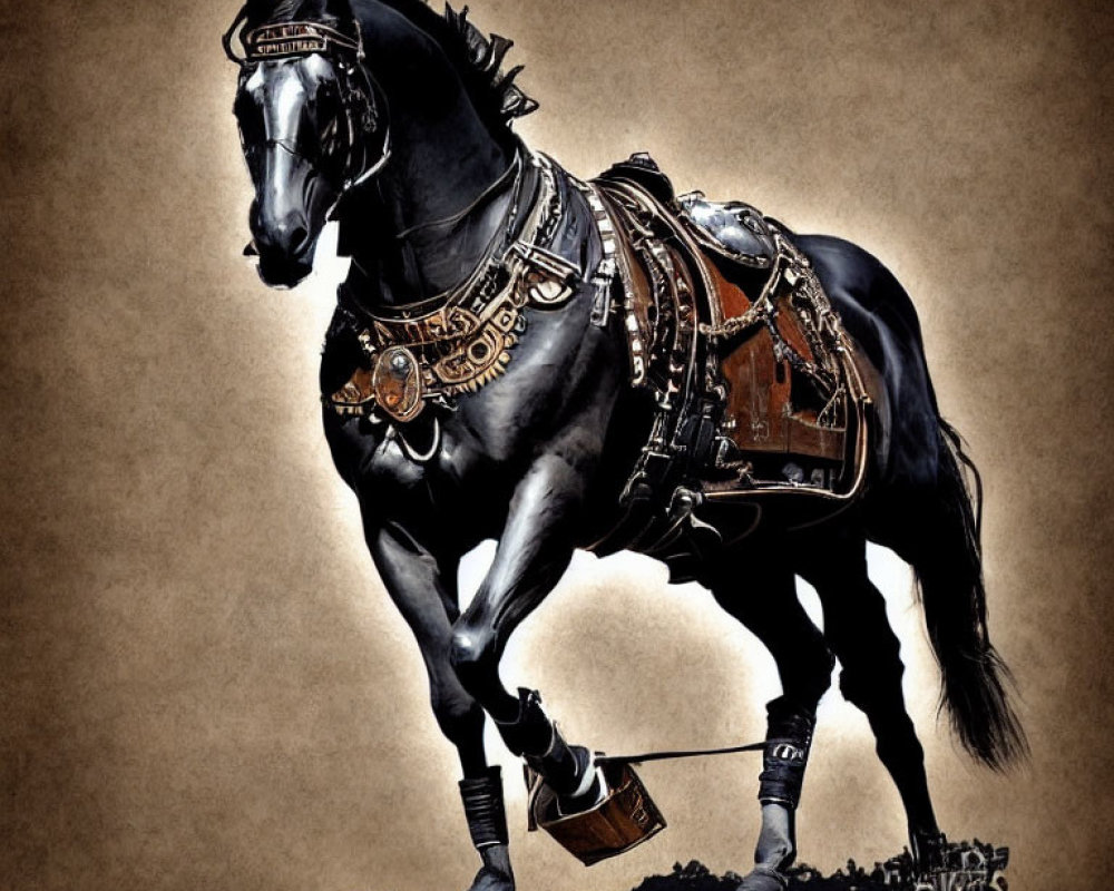 Black horse with ornate tack and shiny hooves on sepia background