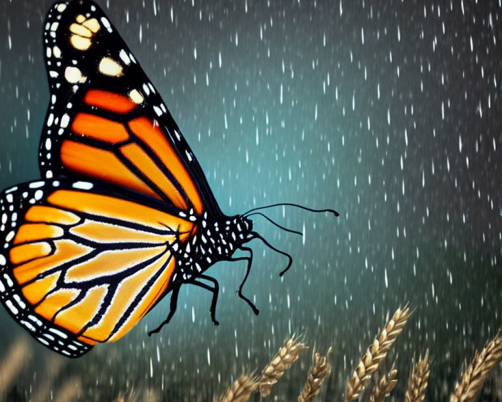 Monarch butterfly on grass blade with wheat and rain droplets.
