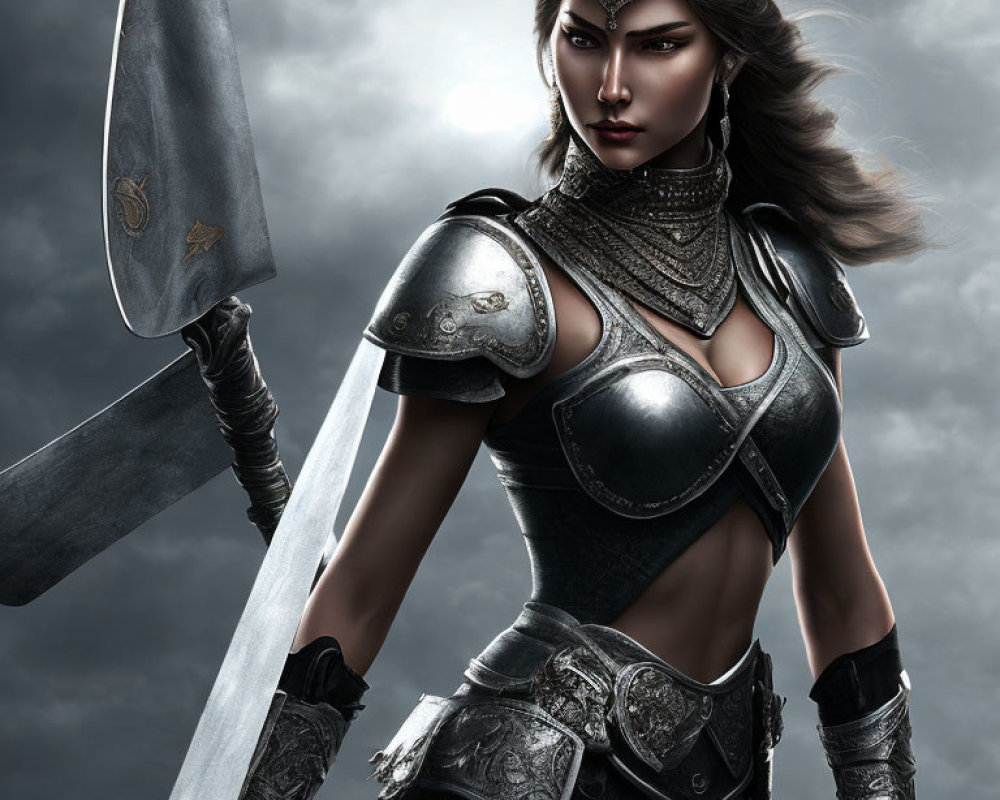 Detailed Armor Warrior Woman with Large Sword in Stormy Sky