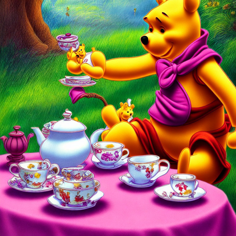 Miniature Winnie the Pooh tea party in vibrant garden.