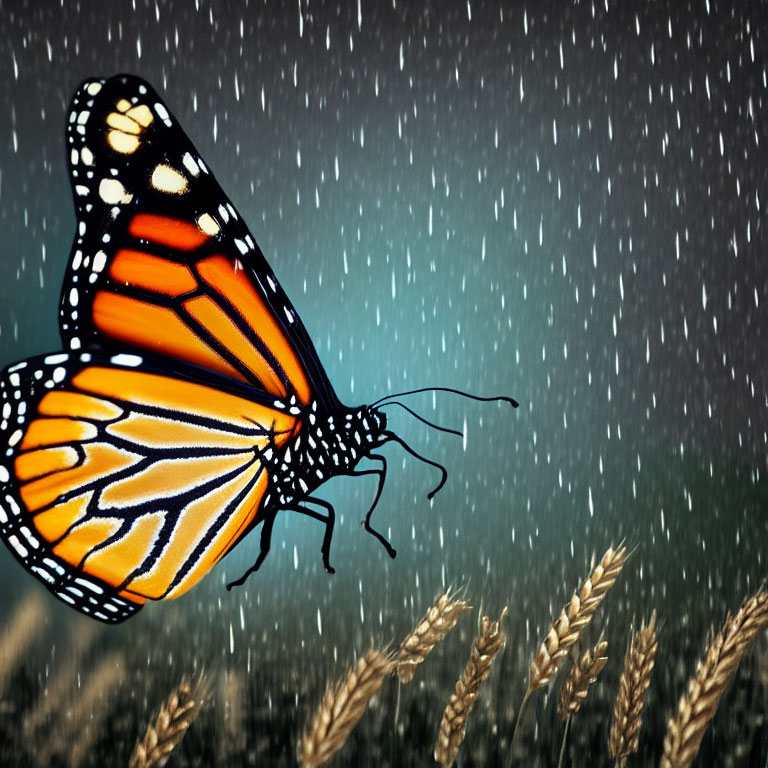 Monarch butterfly on grass blade with wheat and rain droplets.