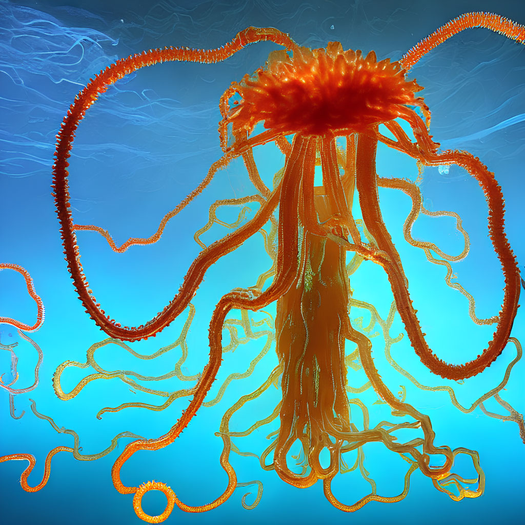Orange jellyfish with long tentacles in blue underwater scene