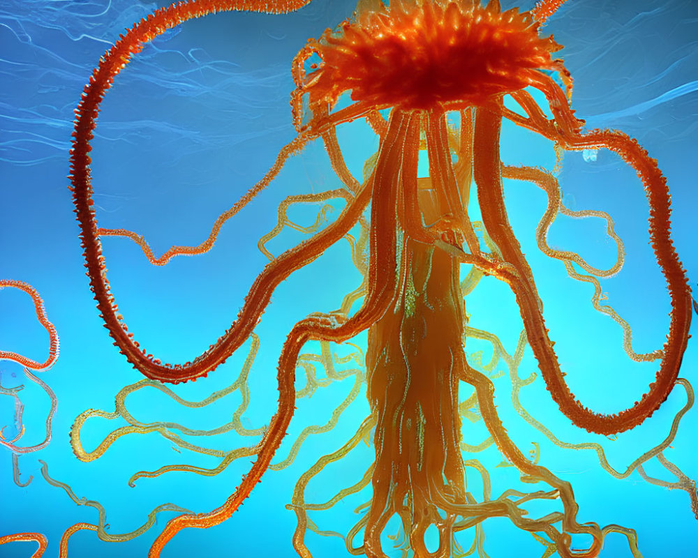 Orange jellyfish with long tentacles in blue underwater scene