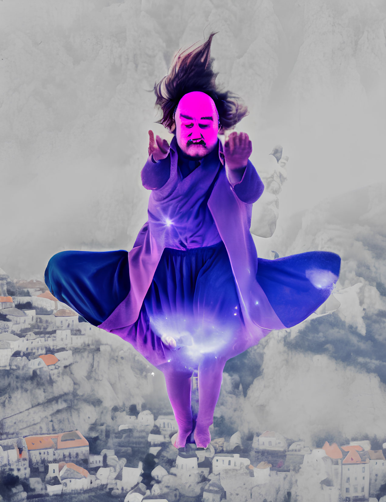 Purple Glowing Face Person Levitating Over Blurred Cityscape