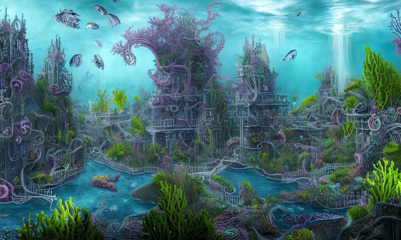 Underwater fantasy scene with coral buildings, diverse fish, and light rays