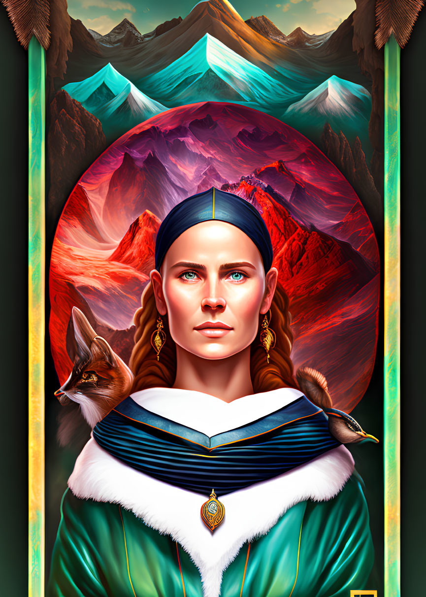 Digital portrait of woman with braided hair and fox in ornate frame against mountain backdrop