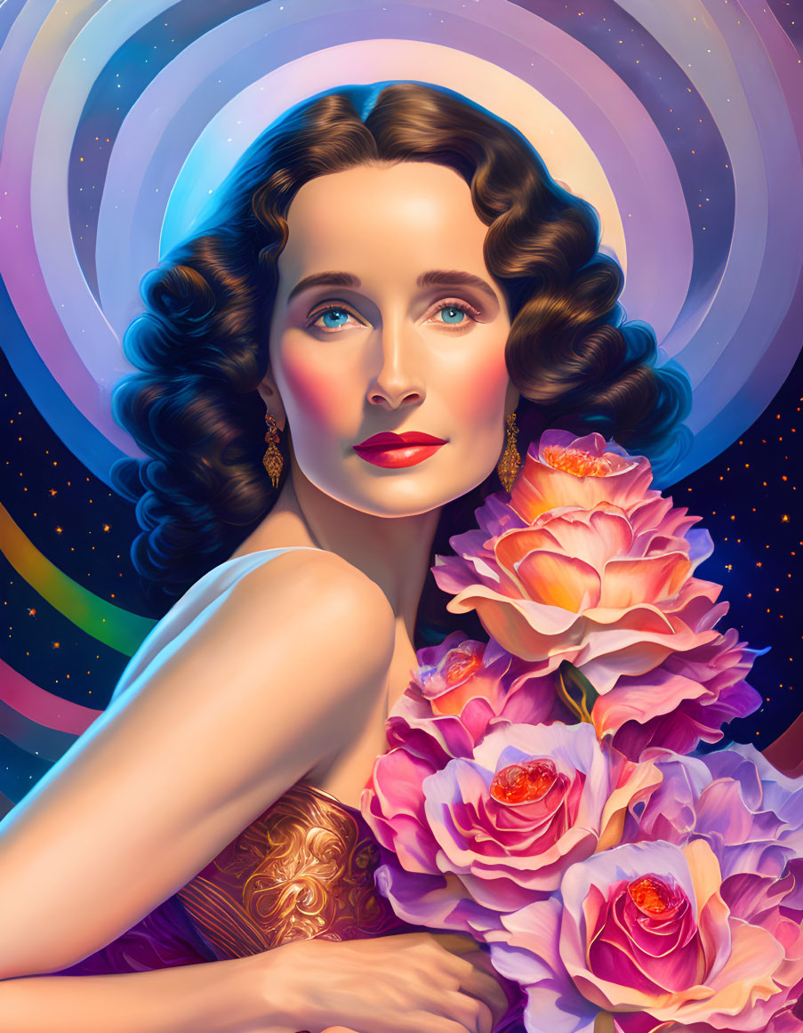 Portrait of woman with wavy hair holding pink roses against cosmic backdrop