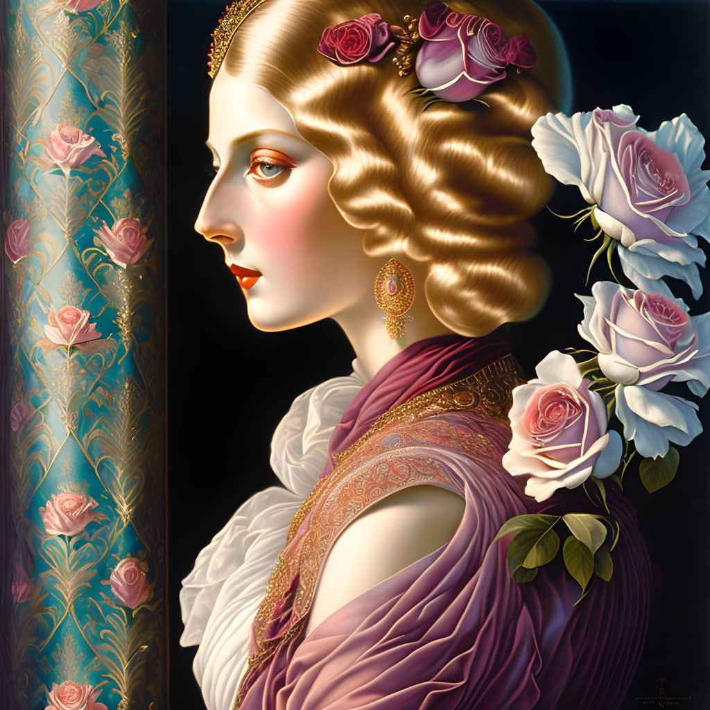 Stylized portrait of a woman with gold hair and roses, in a purple dress, floral background