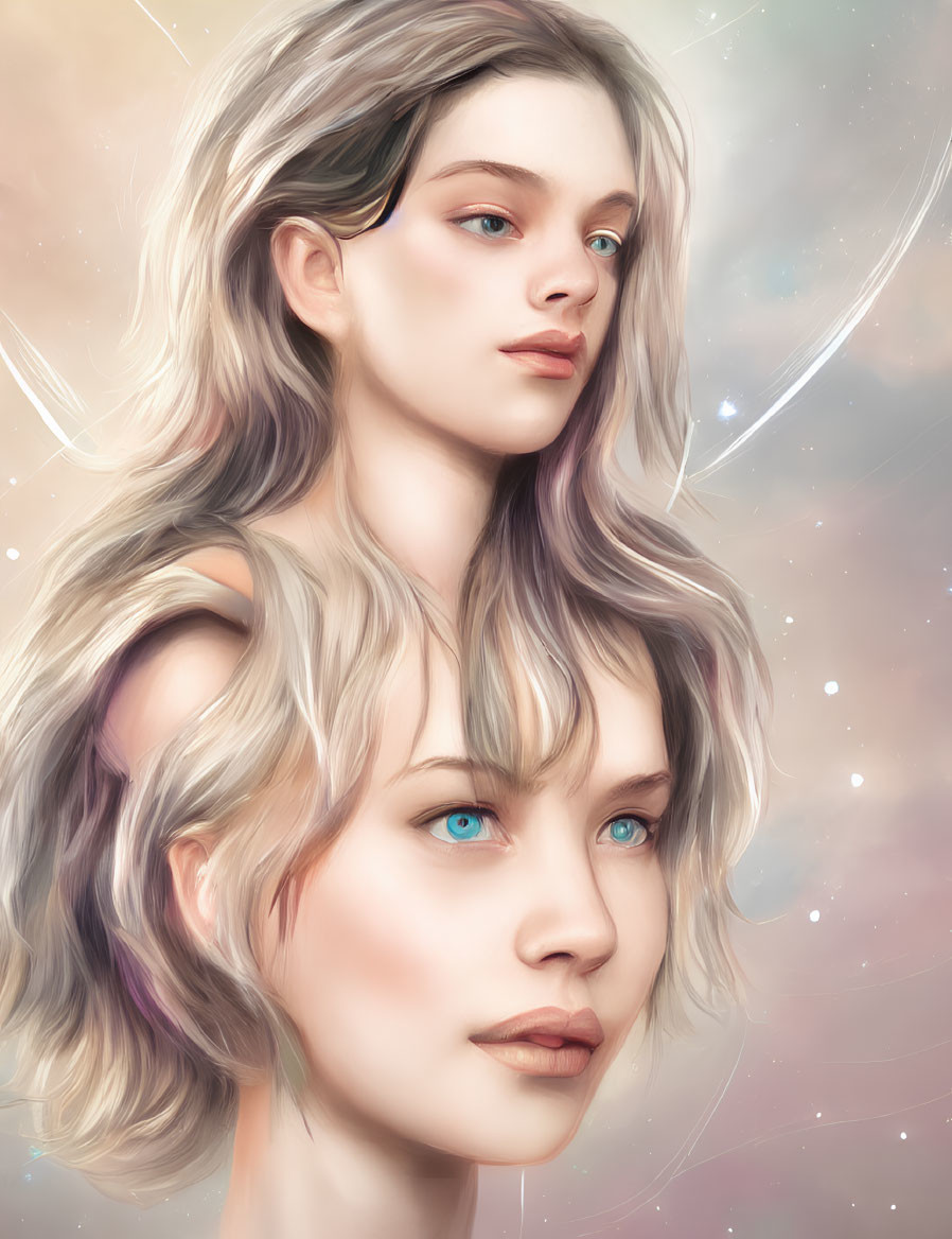 Ethereal women with blue eyes and wavy hair in dreamy setting