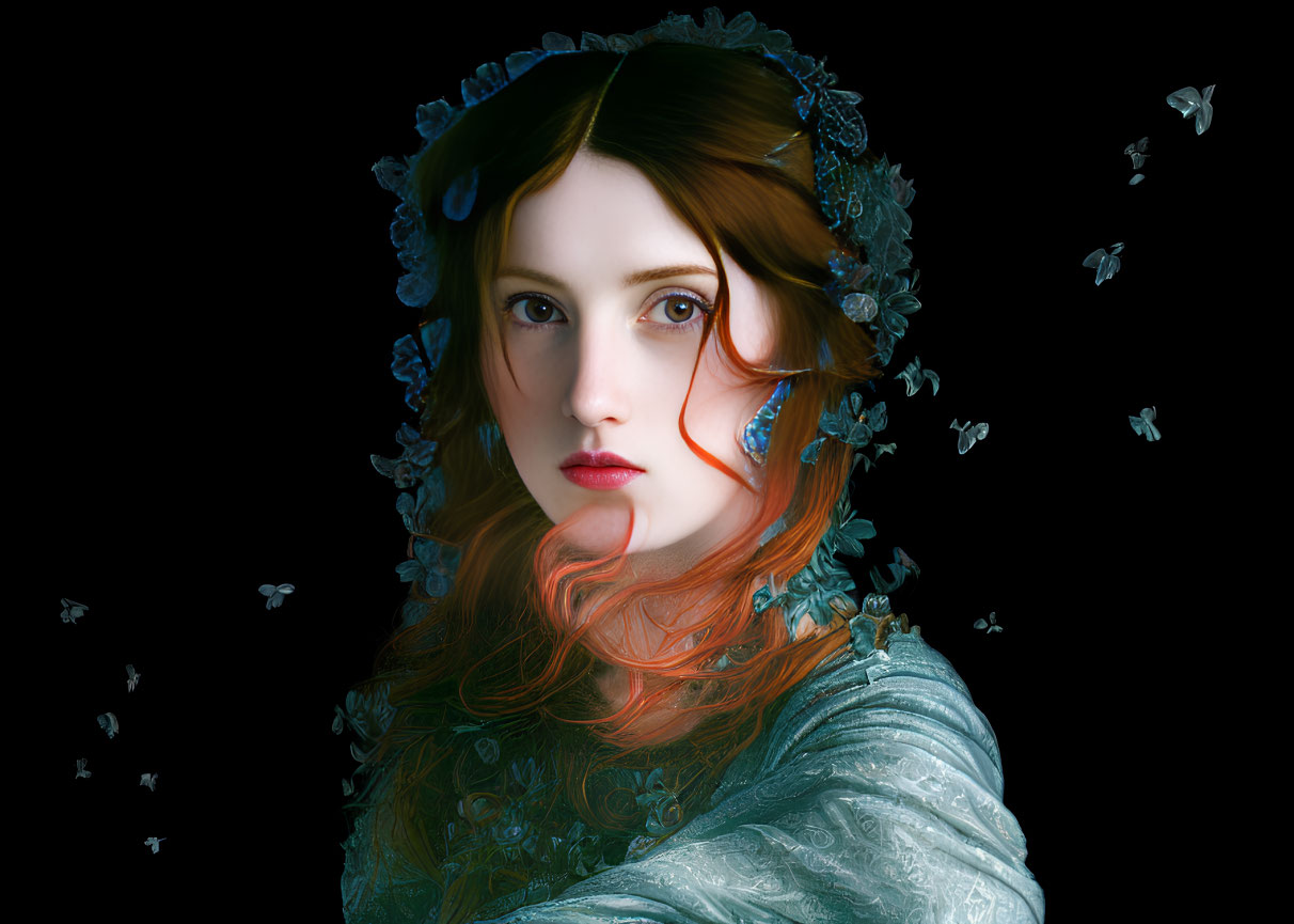 Red-haired woman in blue hooded garment with butterflies on dark background
