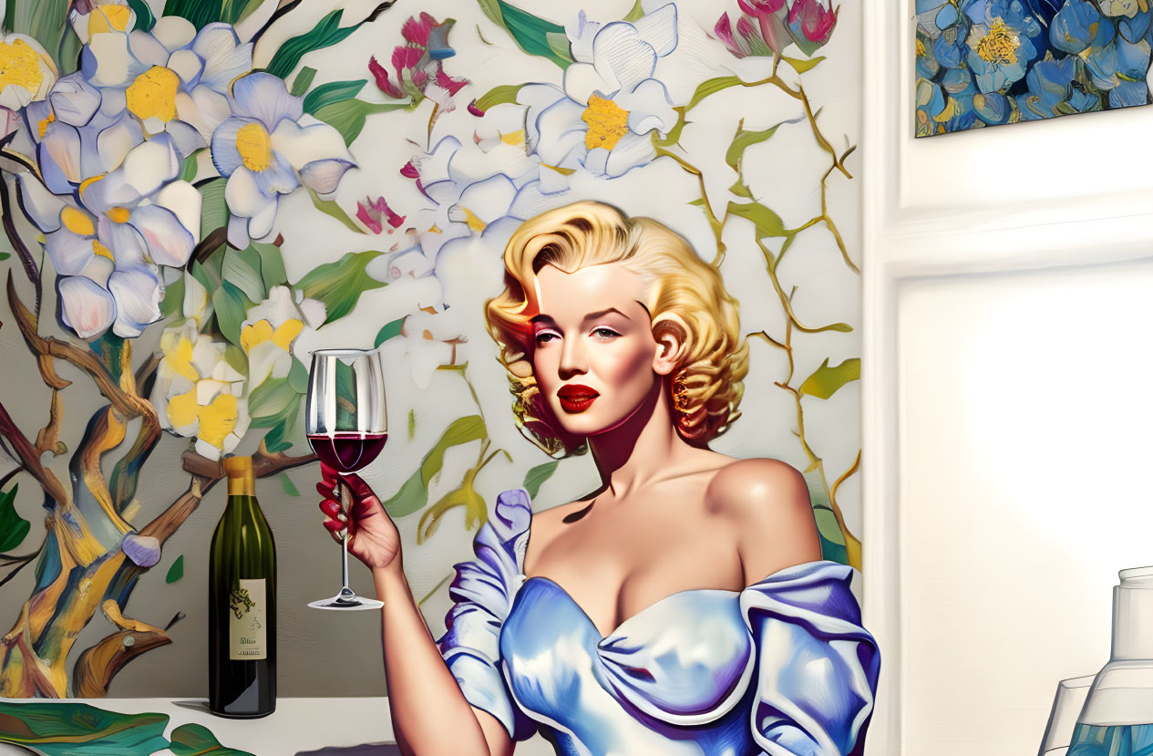 Blonde woman in blue dress with wine glass and bottle on table