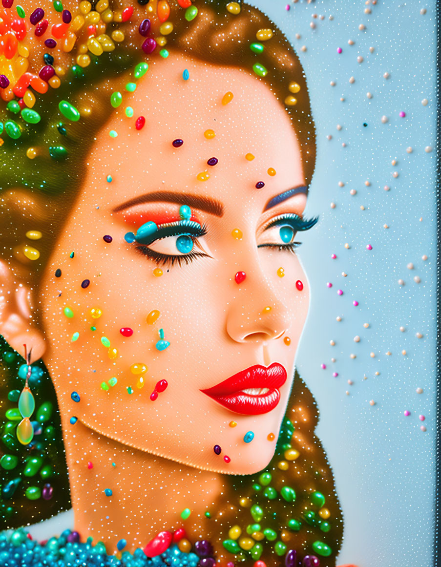 Colorful Beaded Makeup on Woman's Face
