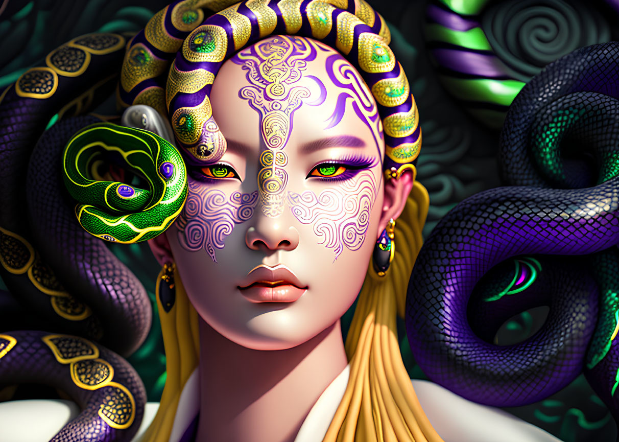 Digital art portrait of person with snake-themed makeup and live snakes in hair